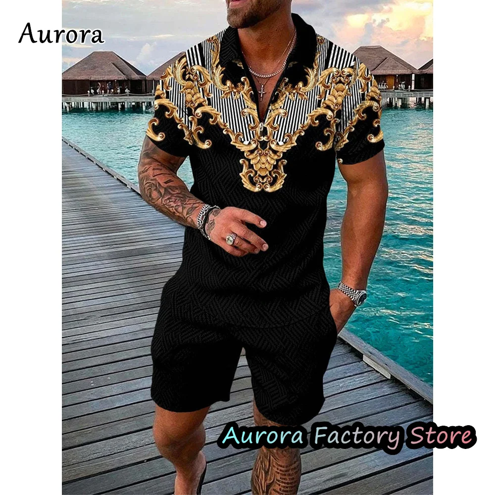 Men's Summer Casual Polo Shirt Set Male Fashion Tracksuit Solid Color Suit Trun Down Collar Zipper Clothing Vintage Outfit images - 6