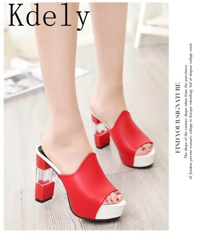 

Sexy Summer Women Elegant Red High Heel Sandals Peep Toe Platform Shoes Crystal Chunky Heel Shoes Lady Thick Heel Fashion