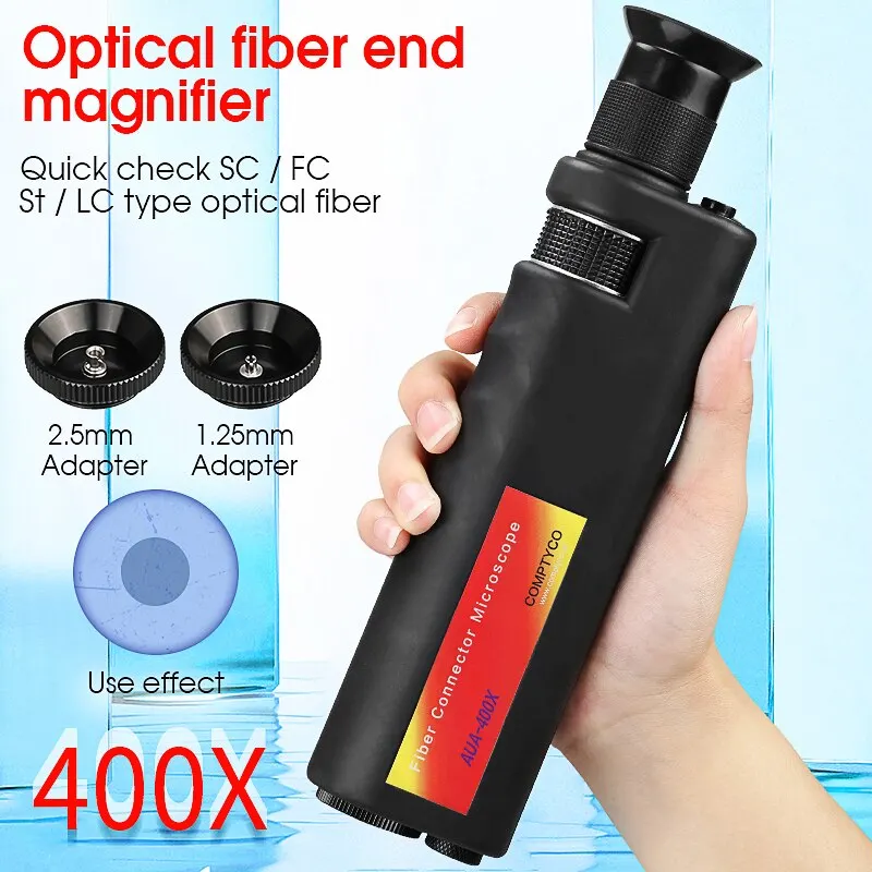 

Optical Fiber End Face Magnifier AUA-200/400X Handheld Multiples Fiber Inspection Microscope 2.5mm(SC/FC/ST) /1.25mm(LC) Adapter