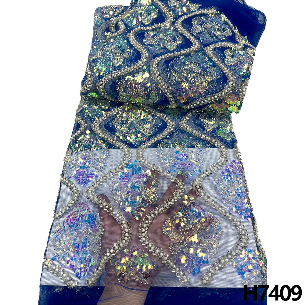 

Luxury Beaded Tulle Lace Fabric Embroidered High Quality 2022 With Sequins Net French Nigerian Lace For Wedding Dress HX7409