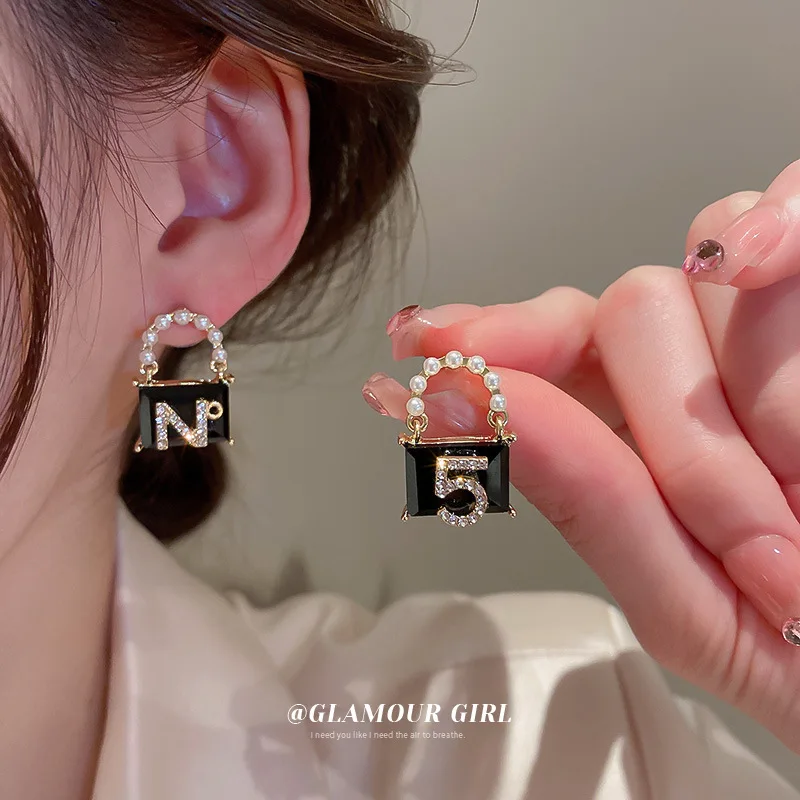 Silver Pin Pearl Diamond Letters Handbag Earrings Korean Fashion Elegant Ear Studs Distinctive Vintage For Wom