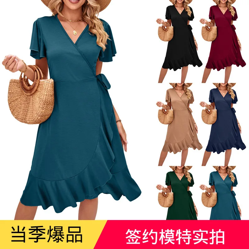 

Женское платье с коротким рукавом, асимметричное облегающее платье с V-образным вырезом, лето 2023