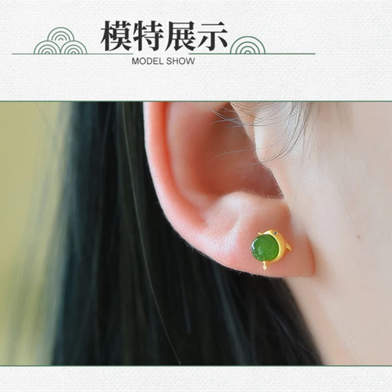 New Jasper Stud Earrings s925 Silver Dolphin Inlaid Hetian Jade Jasper Stud Earrings Simple Fashion Temperament Jewelry SP410 images - 6