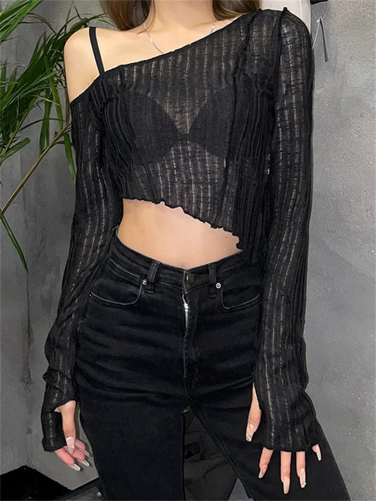 Женские осенние трикотажные топы просвечивающие сексуальные и блузки Y2K