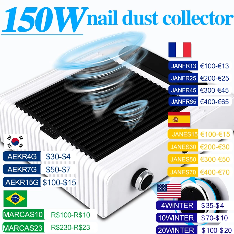 150W Powerful Nail Dust Collector For Manicure Nail Vacuum Cleaner With Fitter Nail Dust Fan For Manicure Salon Equipment