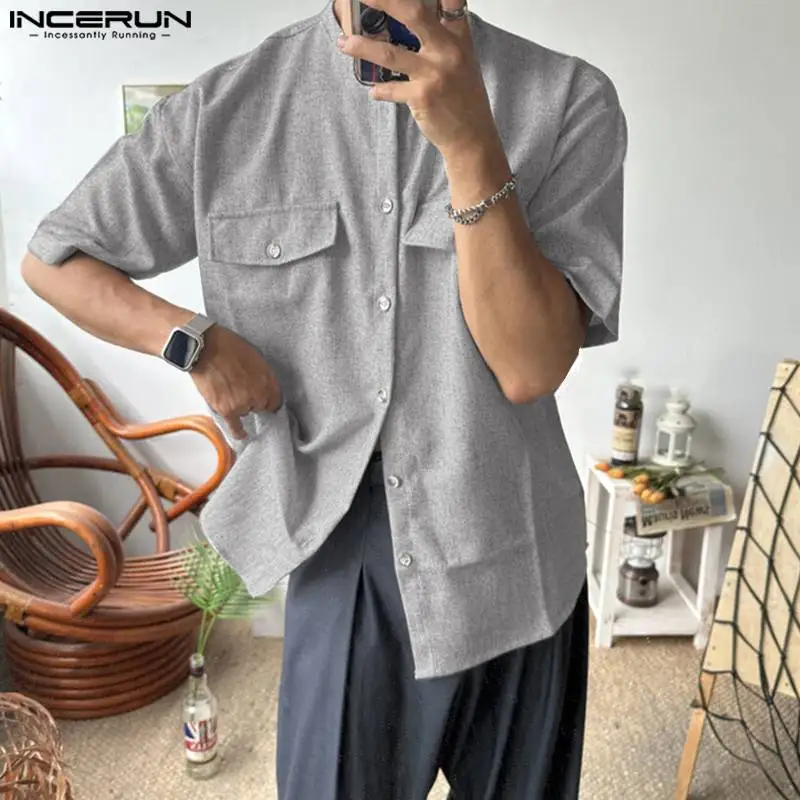 

Stylish Casual Tops INCERUN New Men Mixed Color Woven Blouse Streetwear Hot Sale Double Pocket O-neck Short Sleeved Shirts S-5XL