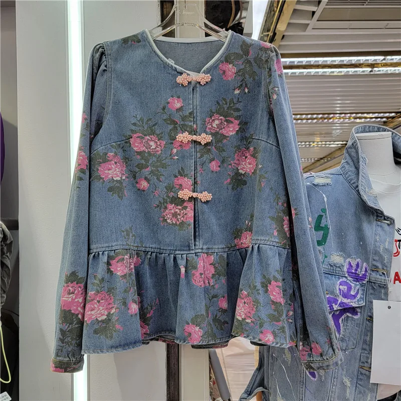 

Floral Print Denim Jacket for Women Spring 2023 New European Fashion Color National Style Elegant Cute Women's Top Coats