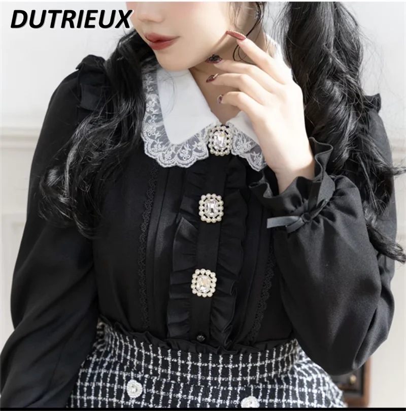 

Japanese Style Sweet Cute Lace Doll Collar Shirt Spring Autumn Lolita Pearl Rhinestone Buckle Ruffles Bubble Long Sleeve Tops