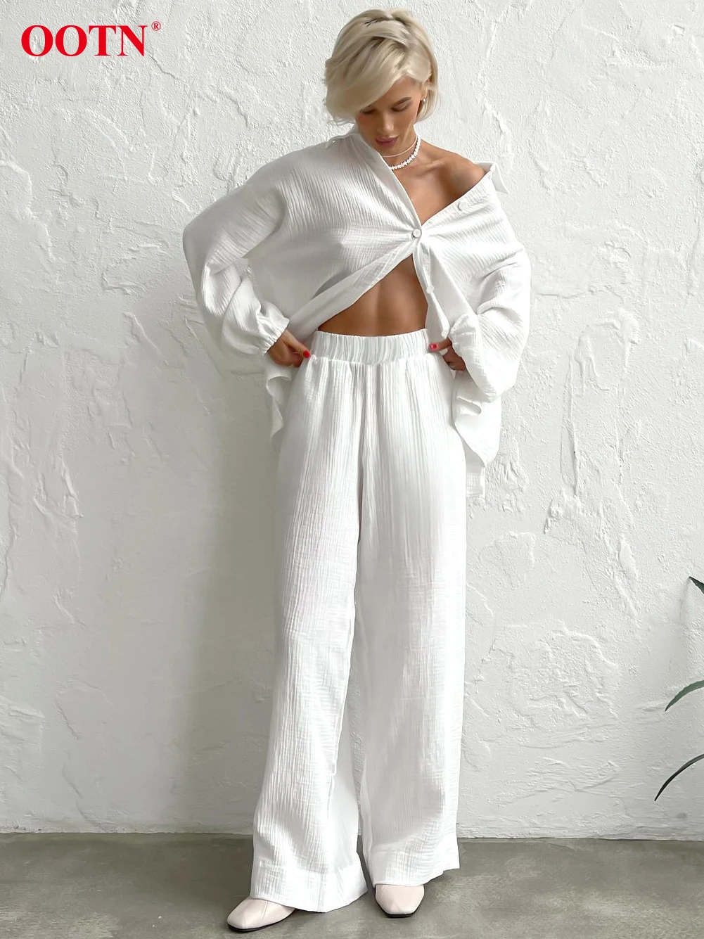 

OOTN Office Lapel Shirts Suits Autumn Long Elastic Waist Pants Lantern Sleeve Tops Two Piece Set White Outfits Women 2023 Button