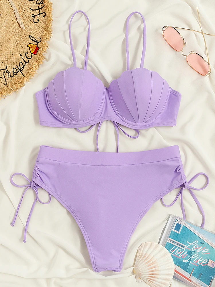 

Бикини, новинка 2022, Женский однотонный Фиолетовый купальник пуш-ап, комплект бикини на шнуровке, купальник-стринги, бразильский пляжный куп...