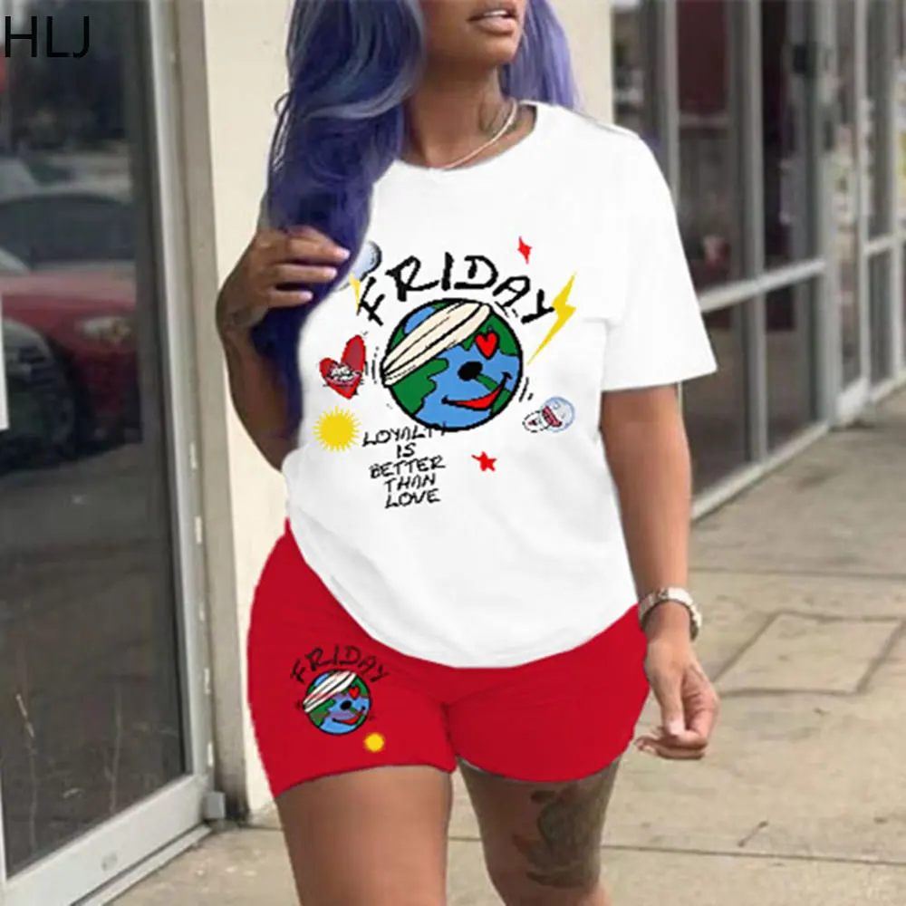 

HLJ Summer Printing Biker Shorts Sets Women Round Neck Slim Top And Shorts Two Piece Tracksuits Casual Sporty 2pcs Outfits 2023