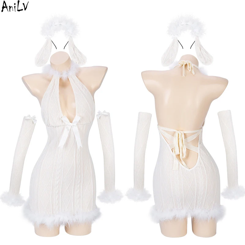 AniLV Christmas Snow Angel Girl Furry Knitted Dress Unifrom Women Bunny Backless Nightdress Pajamas Outfits Costumes Cosplay