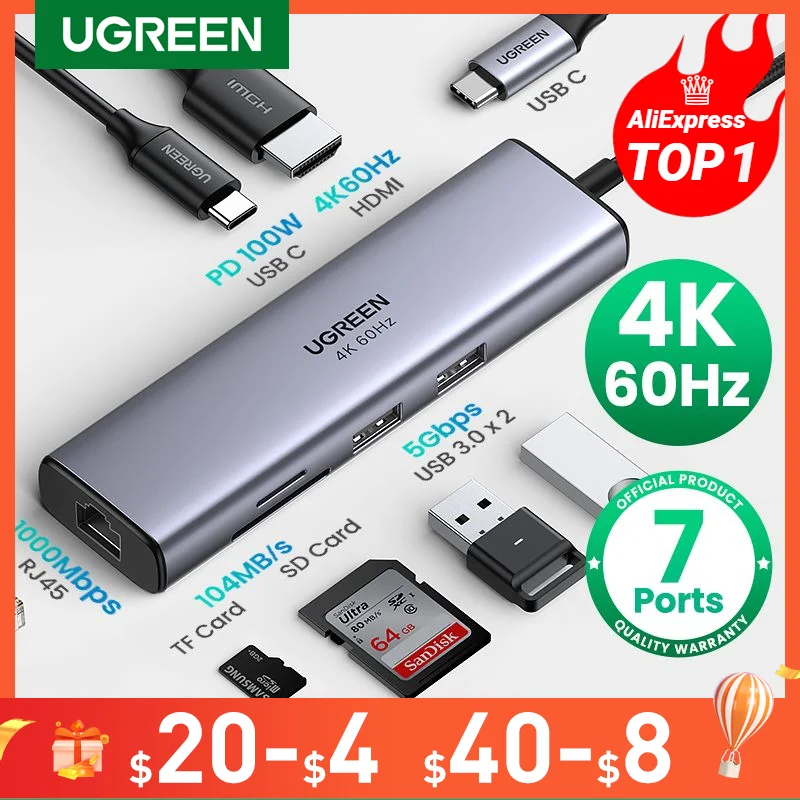 UGREEN USB C HUB 4K 60Hz Type C to HDMI 2.0 RJ45 PD 100W Adapter For Macbook Air Pro iPad Pro M2 M1 PC Accessories USB 3.0 HUB