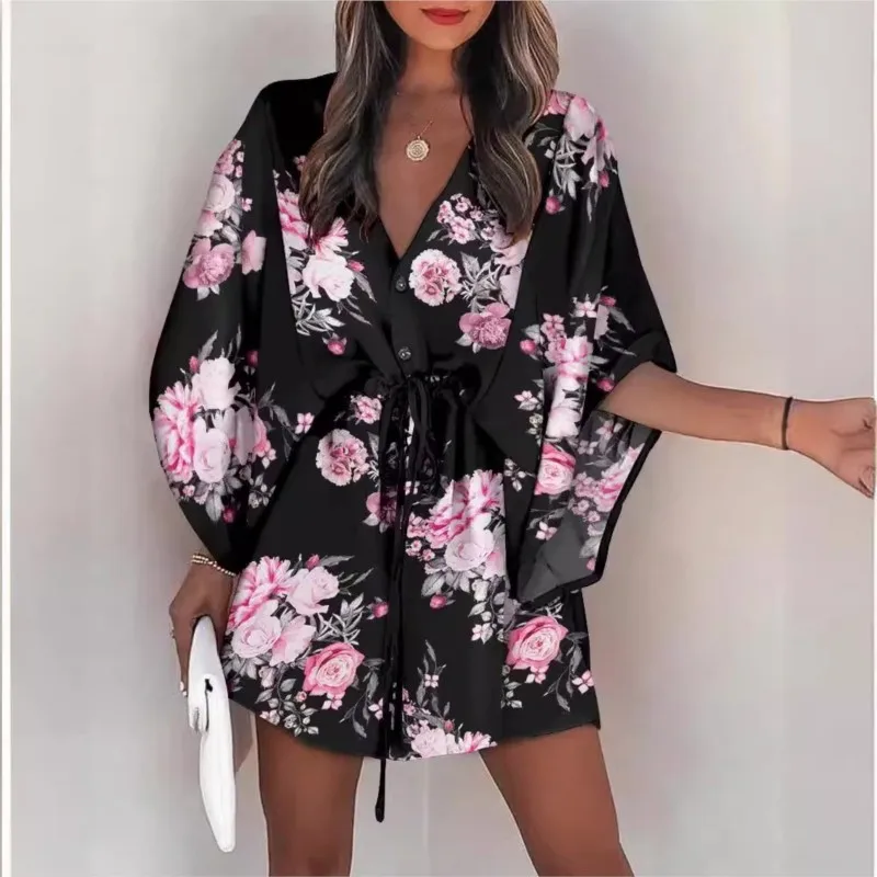 Женское летнее модное пляжное платье с летающими рукавами и v-образным вырезом на