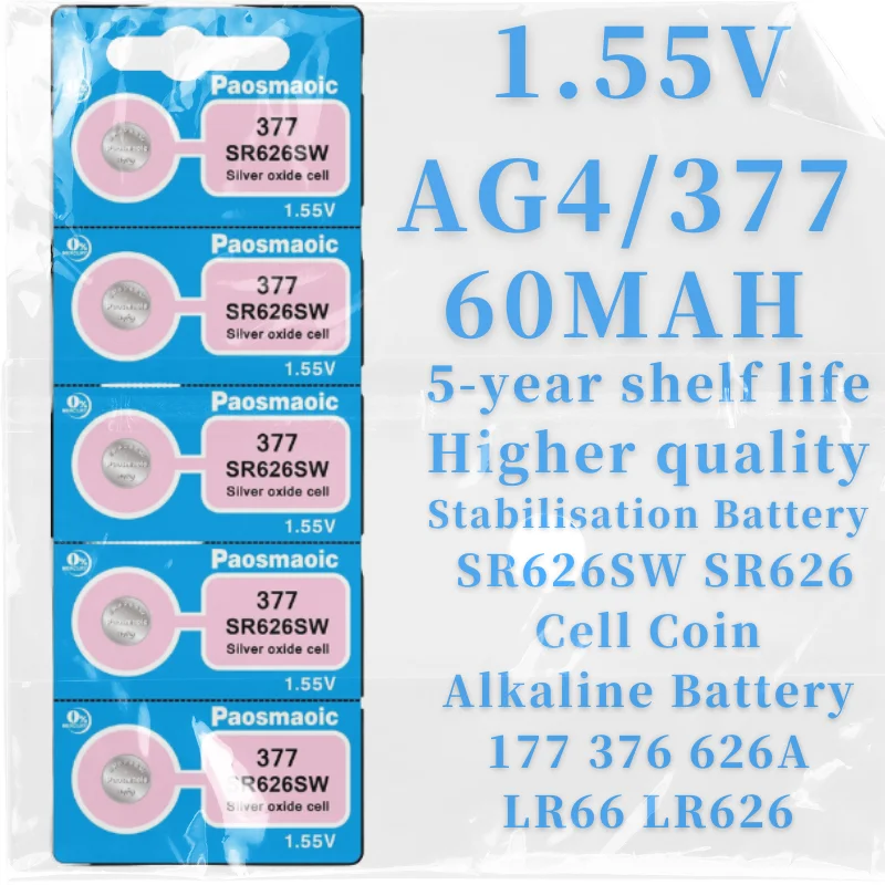 

5pcs AG4 377 1.55V Alkaline Button Battery SR626SW 177 LR66 G4A 377A V377 CX66 Coin Cell for Watch Clock Remote