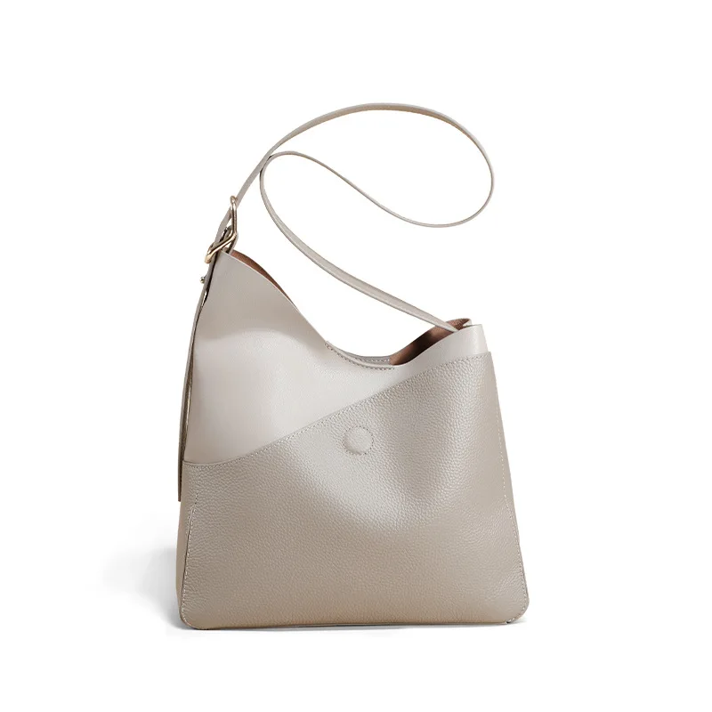

Patchwork Design Grey Color Bucket Tote Bag High-end Women's Bag 2022 Trend 100% Real Leather Female Shoulder Bag Large Handbag