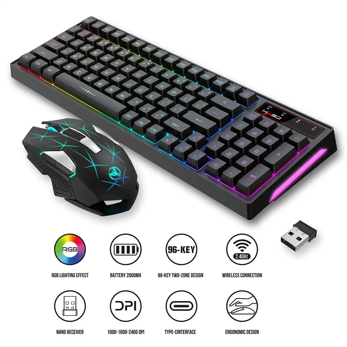 

80% RGB Mechanical feeling Keyboard and Mouse Wireless Set 96 Keys Ergonomic Gaming Keyboard for PC Laptop Gamer Accessories