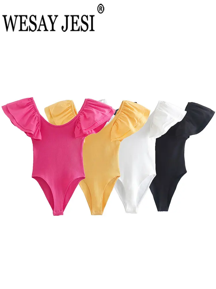 

Женский комбинезон WESAY JESI, комбинезон жилетка с коротким рукавом, двухслойная майка с оборками, однотонный милый стиль для девушек с круглым...