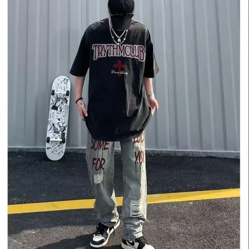 DEEPTOWN Ripped Motorcycle Jeans for Men Streetwear Denim Trousers Male Loose Casual Punk Printing Men's Youth Straight Hip Hop