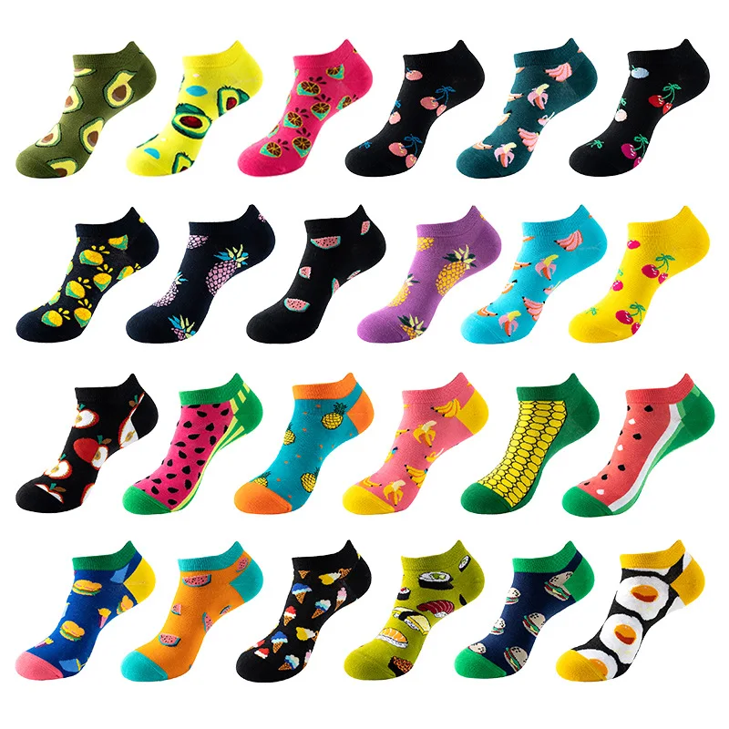 Cotton Novelty Men's Socks Boat Short High Quality Geometric Fruit Sushi Colorful Pattern Women Socks Fashion