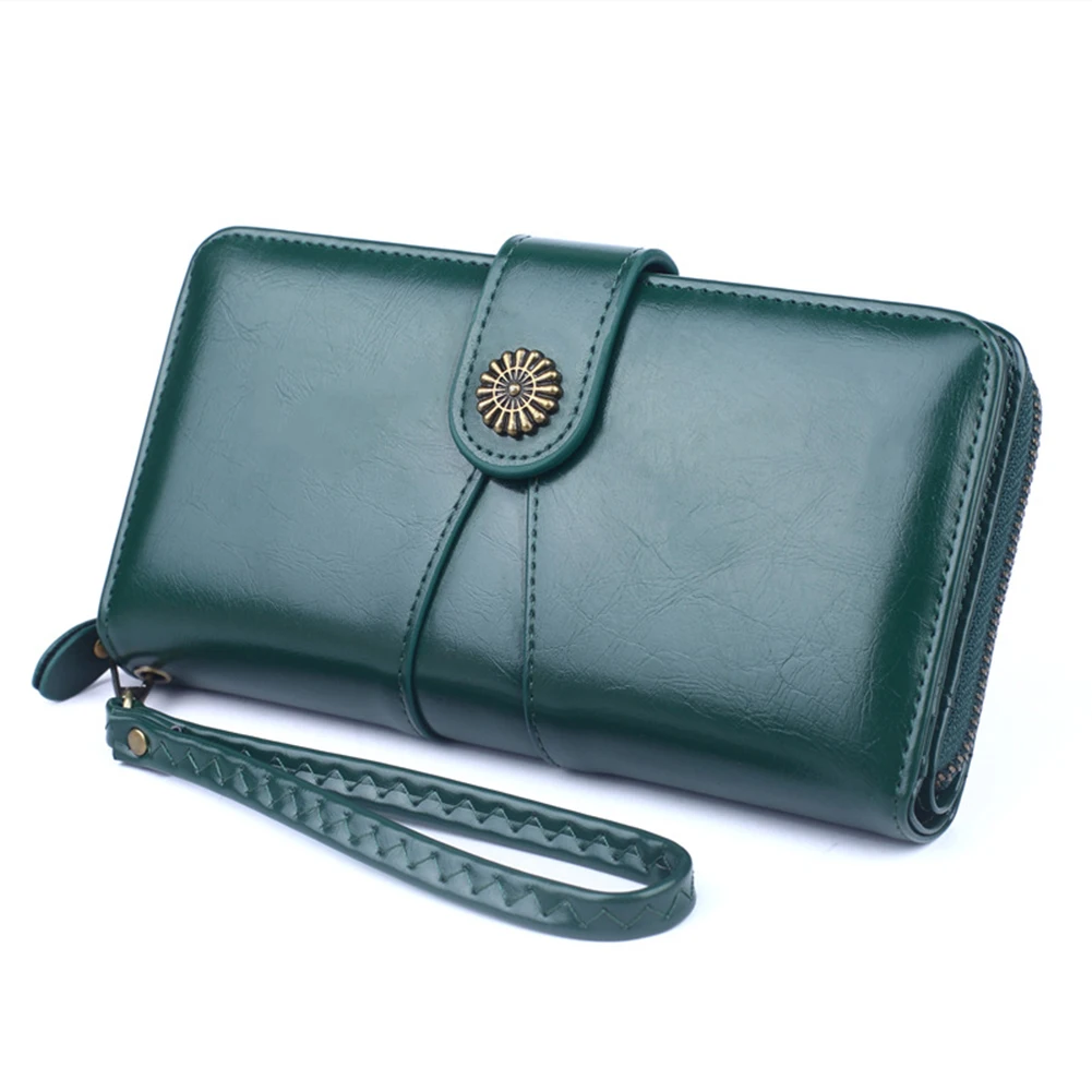 Carteras Oil Leather Long Wallet With Auspicious Flower Buckle Multi-Purpose Large Capacity Purse Women Wallet