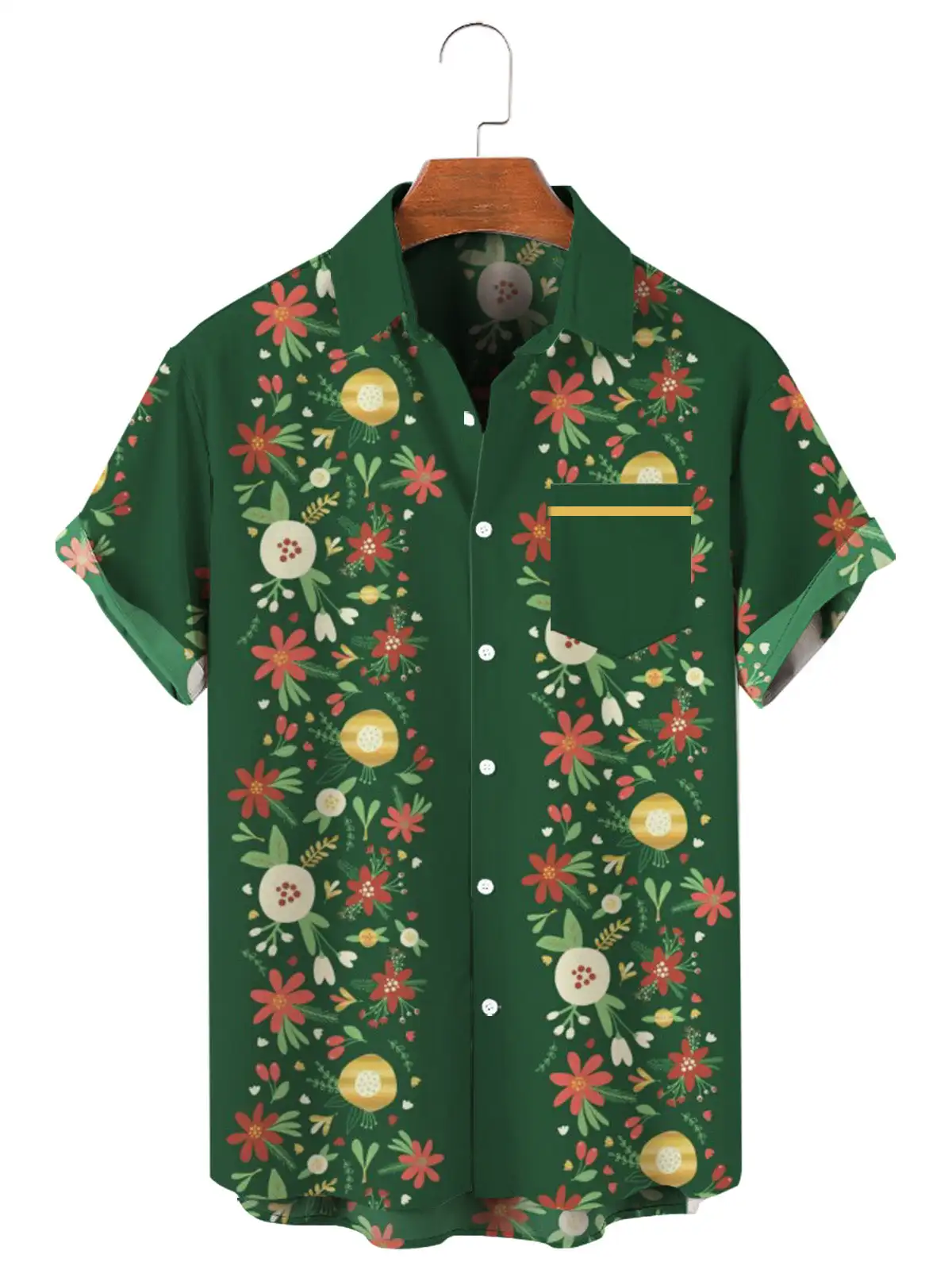 Men's Christmas Atmosphere Short sleeve shirt Green Starflower breathable fashion lapel single button men's shirt