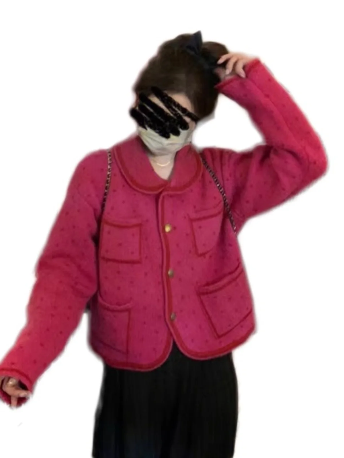 Воротник-поло Розово-красный топ Свободный классический Sle Idle Мягкий клейкий