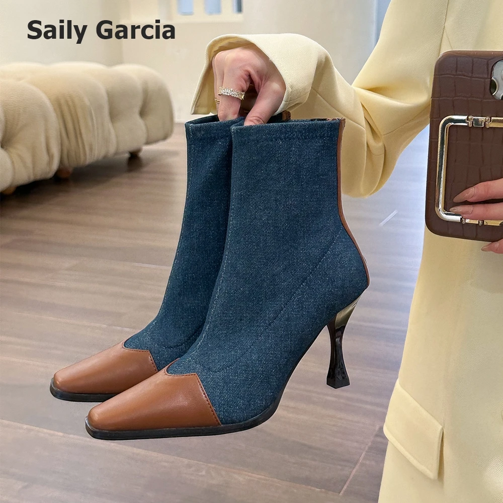 

Denim Blue Retro Microfiber Leatheralf Pointer Toe Back Zipper Women Boots Fshion Christmas Commute Causal Fashion Boots