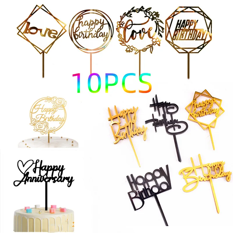 

10 Pcs New Acrylic Happy Birthday Cake Topper Pink Gold Kid's Birthdays Cake Toppers for Wedding Party Dessert Cake Decorations