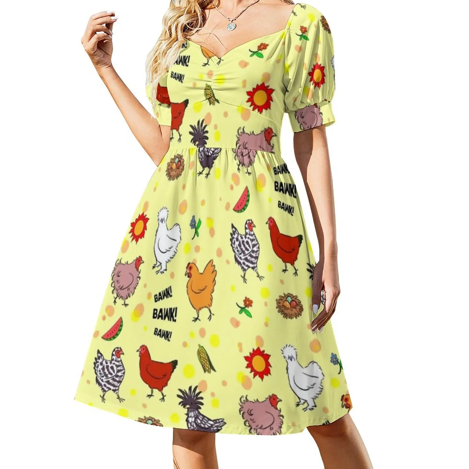 

Cute Farm Animal Dress Sexy V Neck Cartoon Chickens Print Cute Dresses Woman Stylish Graphic Oversize Casual Dress Gift Idea