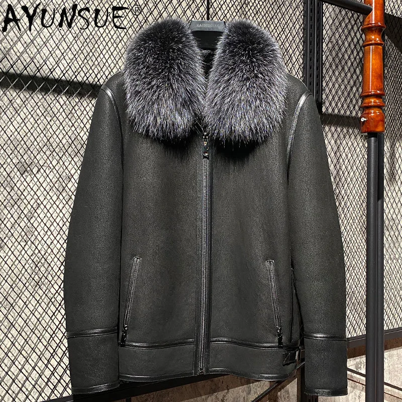 

Natural Fur Coat Winter Jackets for Men Genuine Leather Jacket Real Coats Silver Fox Collar Clothing abrigos SGG