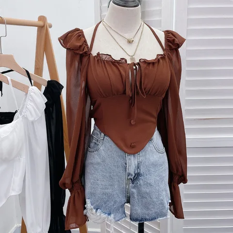 Женская блузка с длинным рукавом, с лямкой на шее