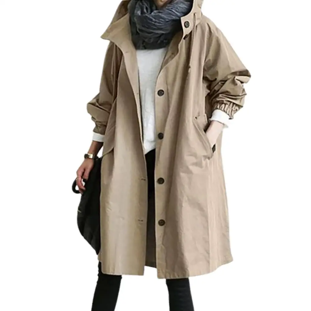 

Women Autumn Solid Color Pocket Hooded Windbreaker Long Trench Coat Outerwear