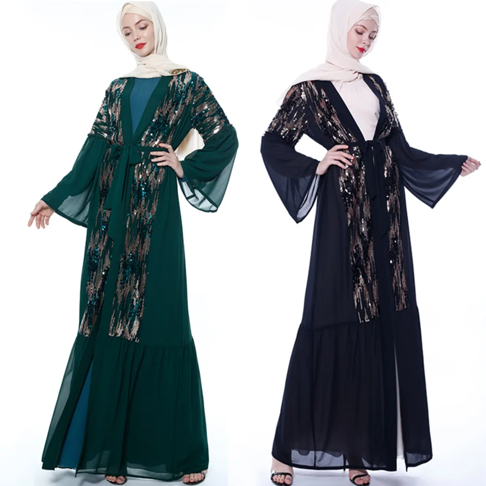 Dubai Abaya Female Embroidery Open Kimino Dress Flare Sleeve Long Abaya Kimono with Belt Fashion Summer Long Outwear Cardigan