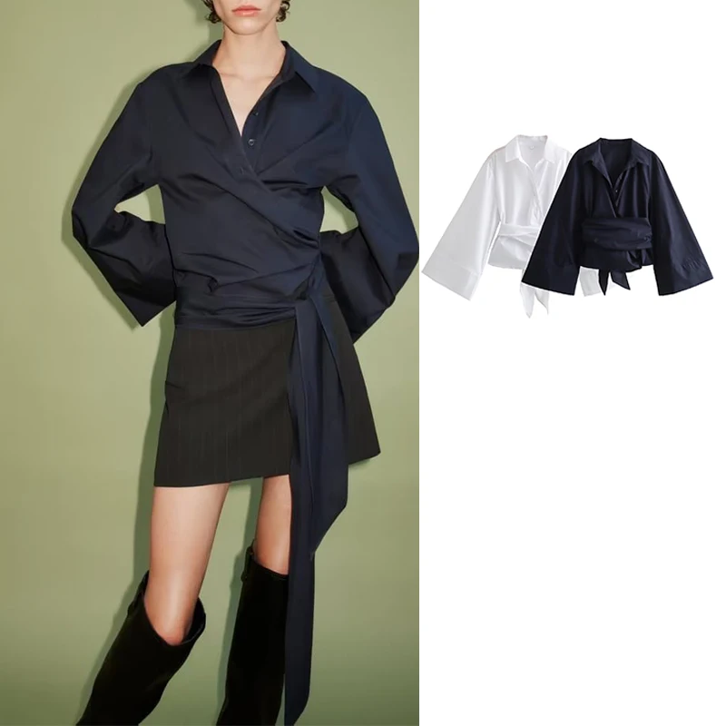 

Женская винтажная рубашка с запахом, длинным рукавом и поясом