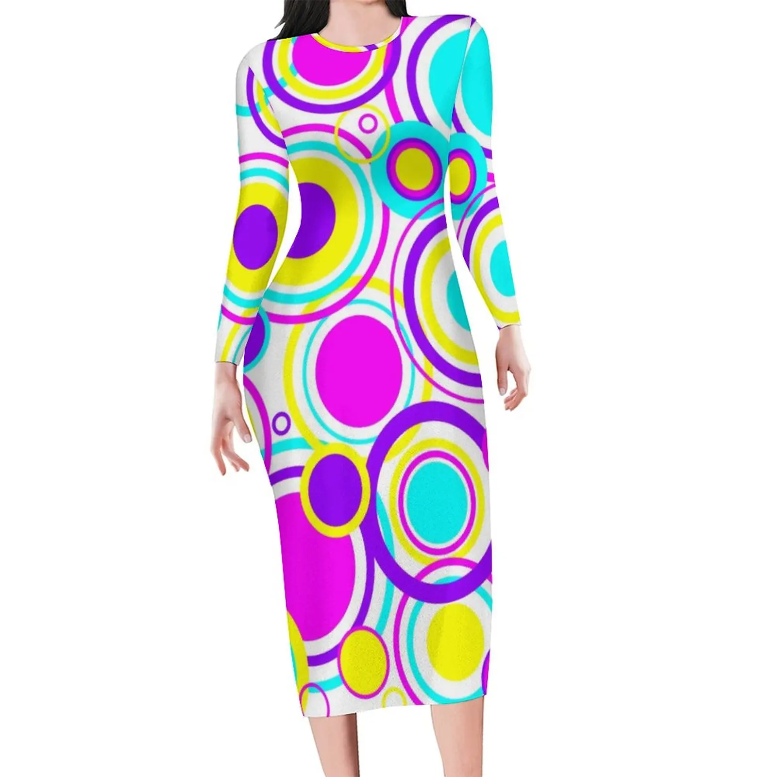

Retro Circles Pattern Dress Long Sleeve Bright 60s Print Aesthetic Dresses Night Club Bodycon Dress Ladies Graphic Clothing