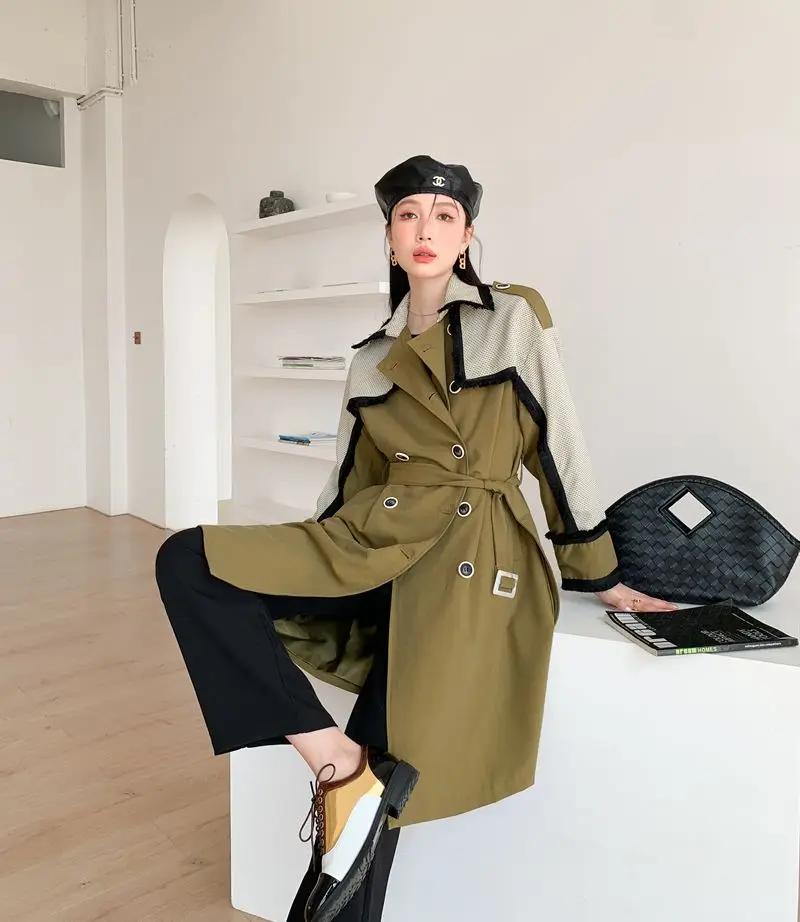 

SuperAen Detective Wind Cape Tassel Lace Windbreaker Women's Spring Splicing Contrast Color Loose Long Trench Coat