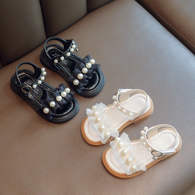 

Summer Toddler Girls Beaded Pearls Sandals Black Princess Shoes Beading Ruffled Lace Beach Shoes Casual Dress Shoes Size 21-30