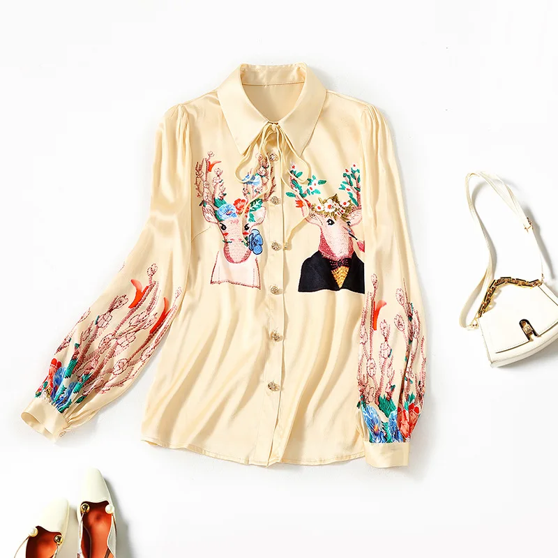

European and American women's wear spring 2022 new Cartoon print on long sleeve lapel Fashionable silk shirt