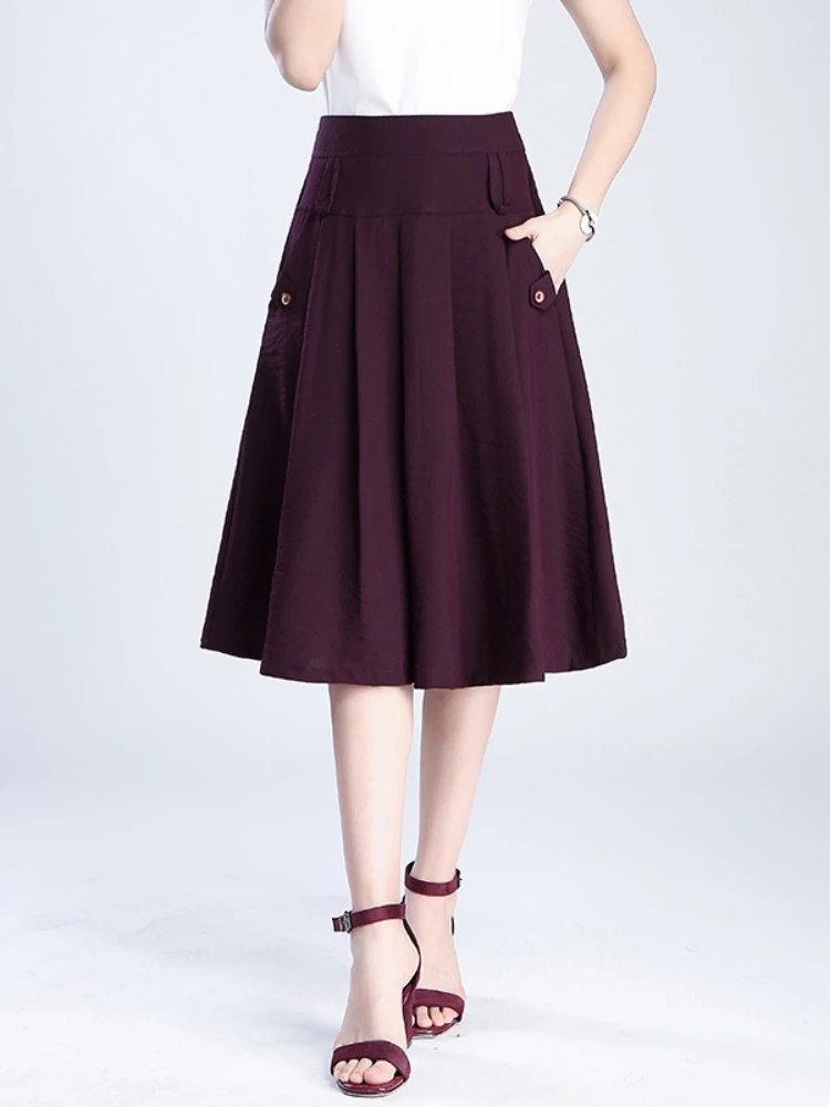 

Woman Skirs 2022 Summer New Elegant Fashion Elastic High Waist Loose Solid Color A-line Temperament Knee-lenth Skirt M-4XL 5656