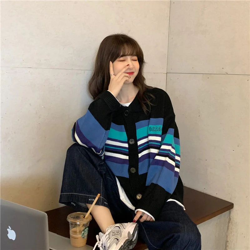 

Autumn Stripe Knitted Sweater Long Sleeve Kawaii Cardigan For Female Sweaters Women Pullovers Jersey Fashion Tops Cute Jacket