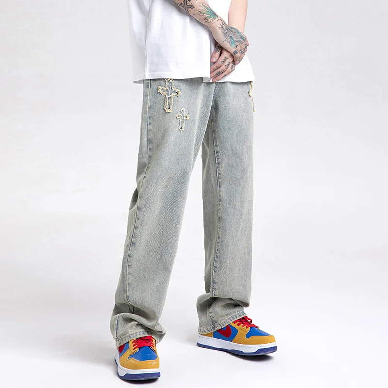 Men Denim Pants Hip Hop Streetwear Harajuku Vintage Cross Denim Pants Cotton Casual Joggers Jeans Harem Pants Trousers Blue