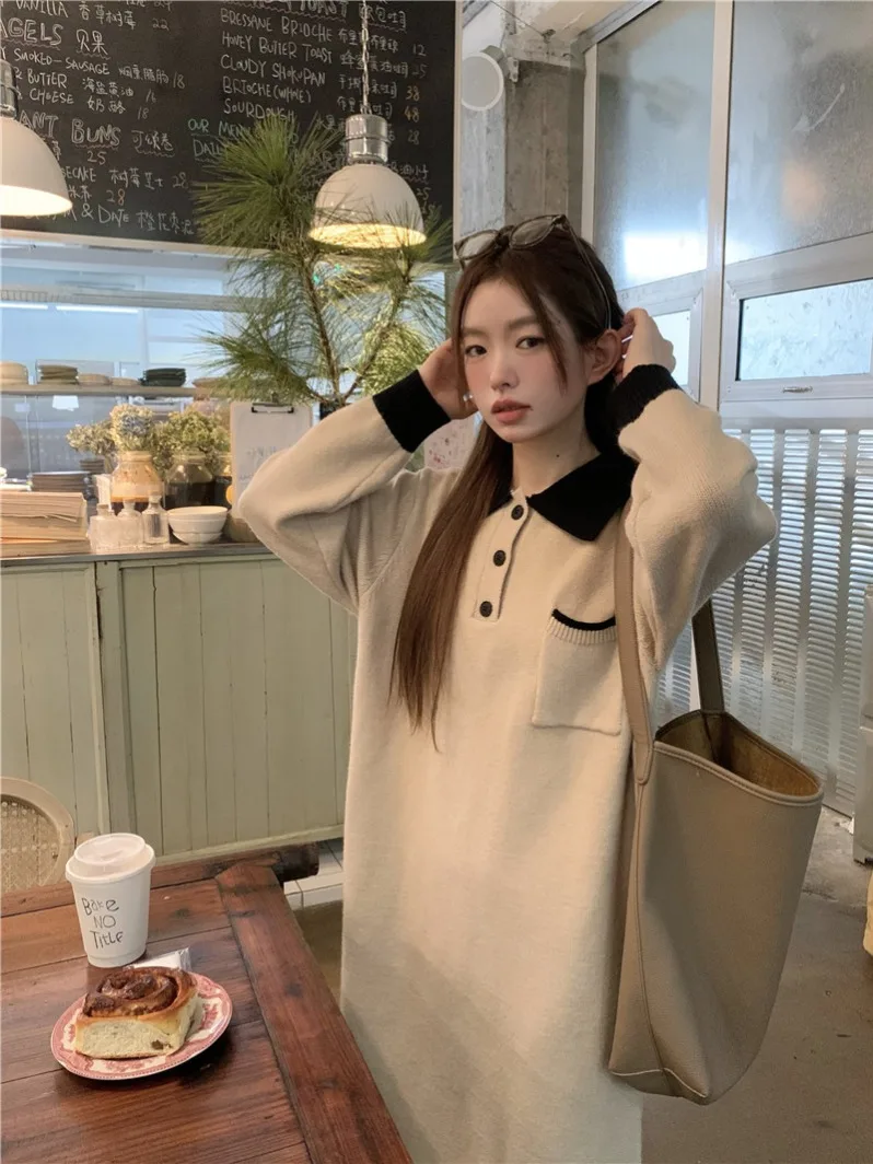 Design Contrast Color Polo Collar Knitted dress Women Temperament New Winter Casual Loose Soft Glutinous Sweater Long dress