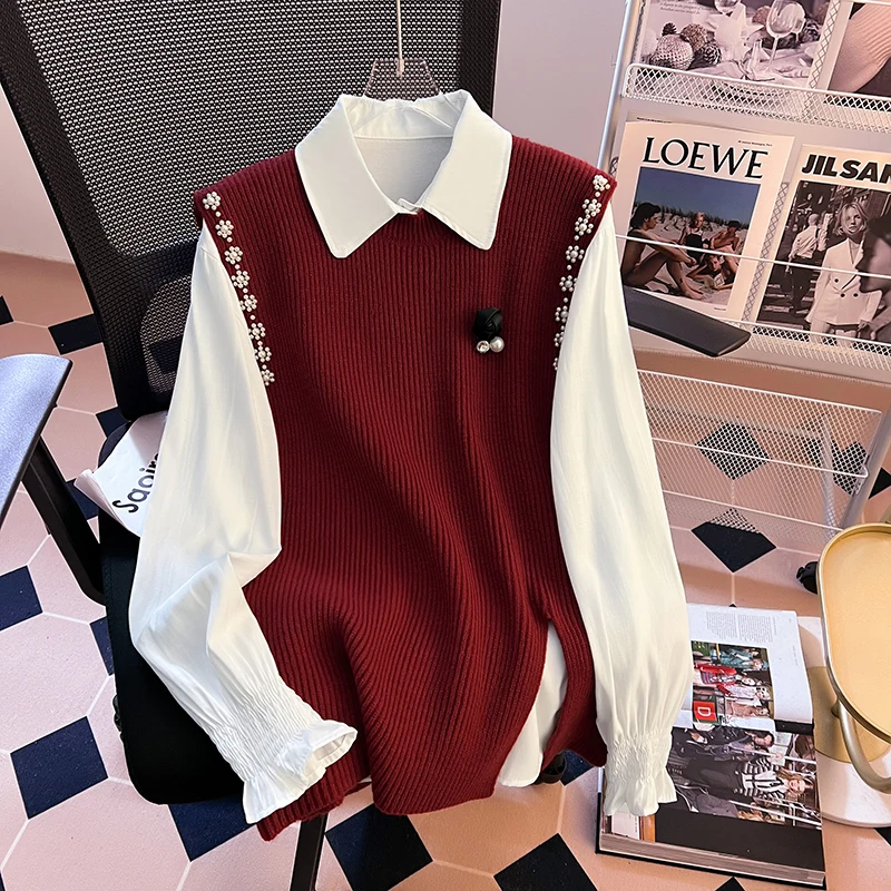 Женская вязаная рубашка с лацканами и жилет в Корейском стиле повседневная