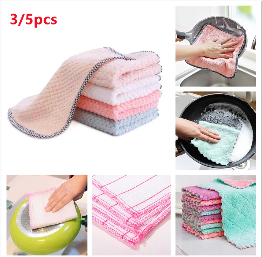 3/5PCS Coral Fleece Double Layer Absorbent Microfiber Kitchen Tableware Dishwashing Cloth Household Cleaning Non-stick Oil Towel