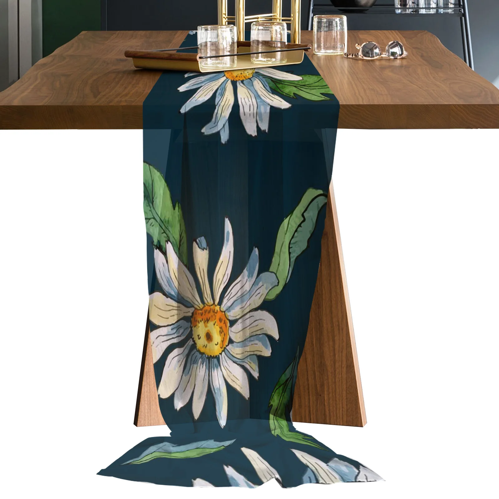 

White Small Daisy Watercolor Sheer Chiffon Table Runners Rustic Gauze Dining Tablecloth Wedding Table Decor Gauze Table Runner