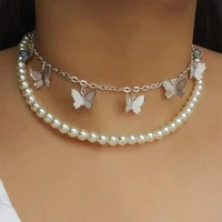 2022 new pearl necklace cute butterfly double layer chain pendant fashion ladies jewelry girl gift