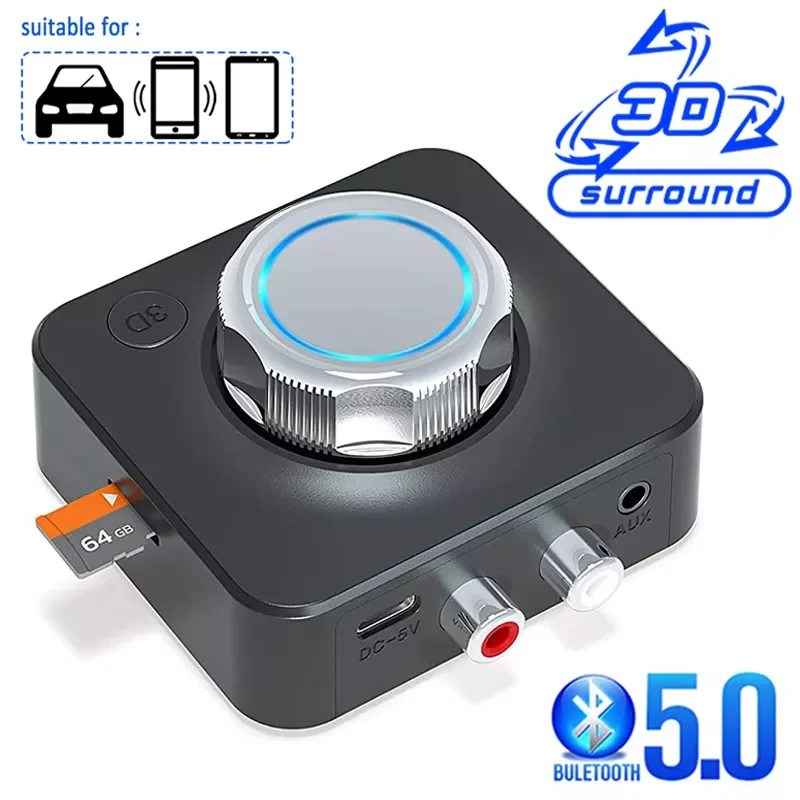 

5.0 Audio Receiver SD TF Card RCA 3.5mm AUX Jack 3D Stereo Music Wireless Adapter For Car Speaker Headphone Auto ON