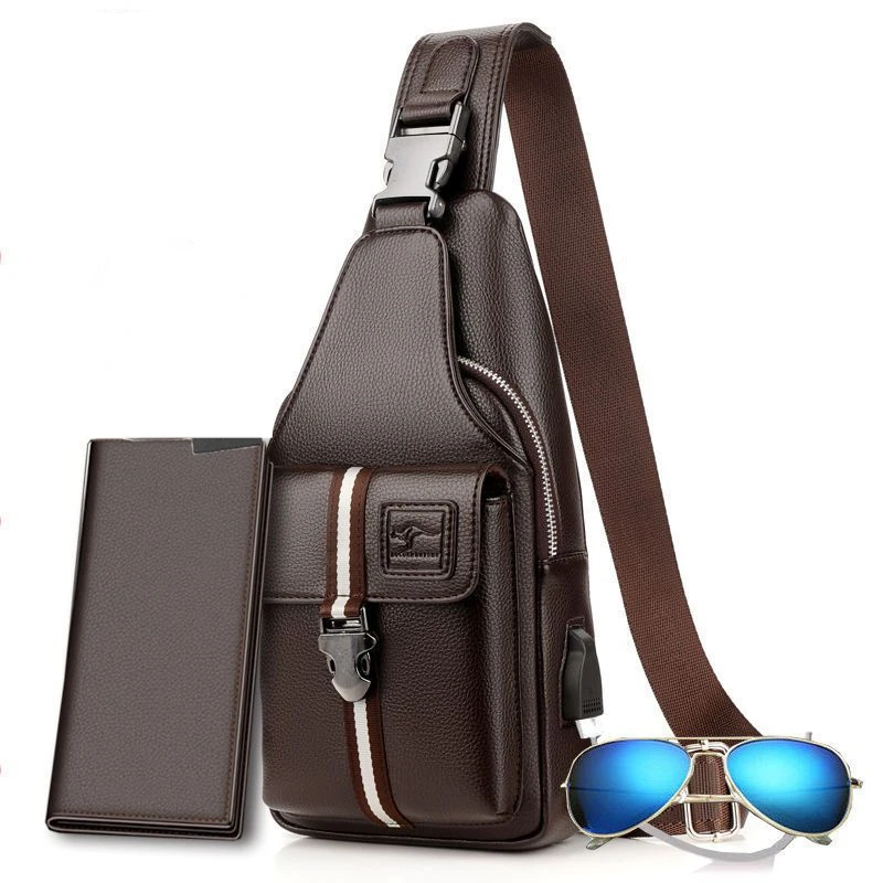 100% Genuine Leather Men's Chest Bag Men's Crossbody Bag New Casual Multifunctional Solid Color Shoulder Bag Handbag