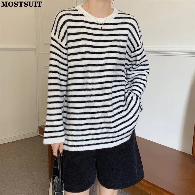 

Женский утепленный пуловер в полоску, повседневный свободный трикотажный джемпер с длинным рукавом и круглым вырезом, модель 2023 в Корейском стиле